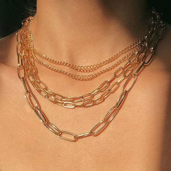 NEW! 14K Gold 5 Layered Paperclip Chains Choker Necklace Adjustable - Picture 13 of 15